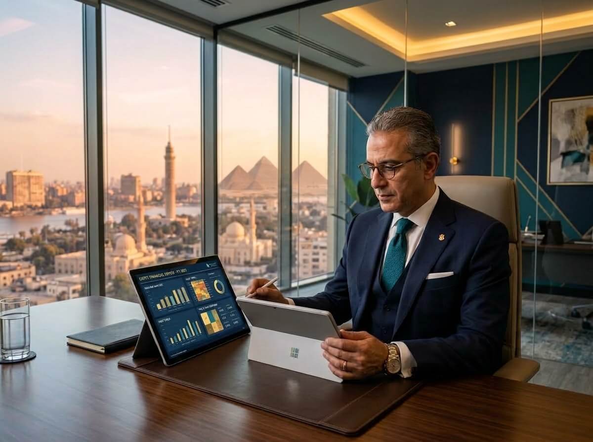 Audit partner reviewing financial reports on a tablet with Cairo skyline and pyramids